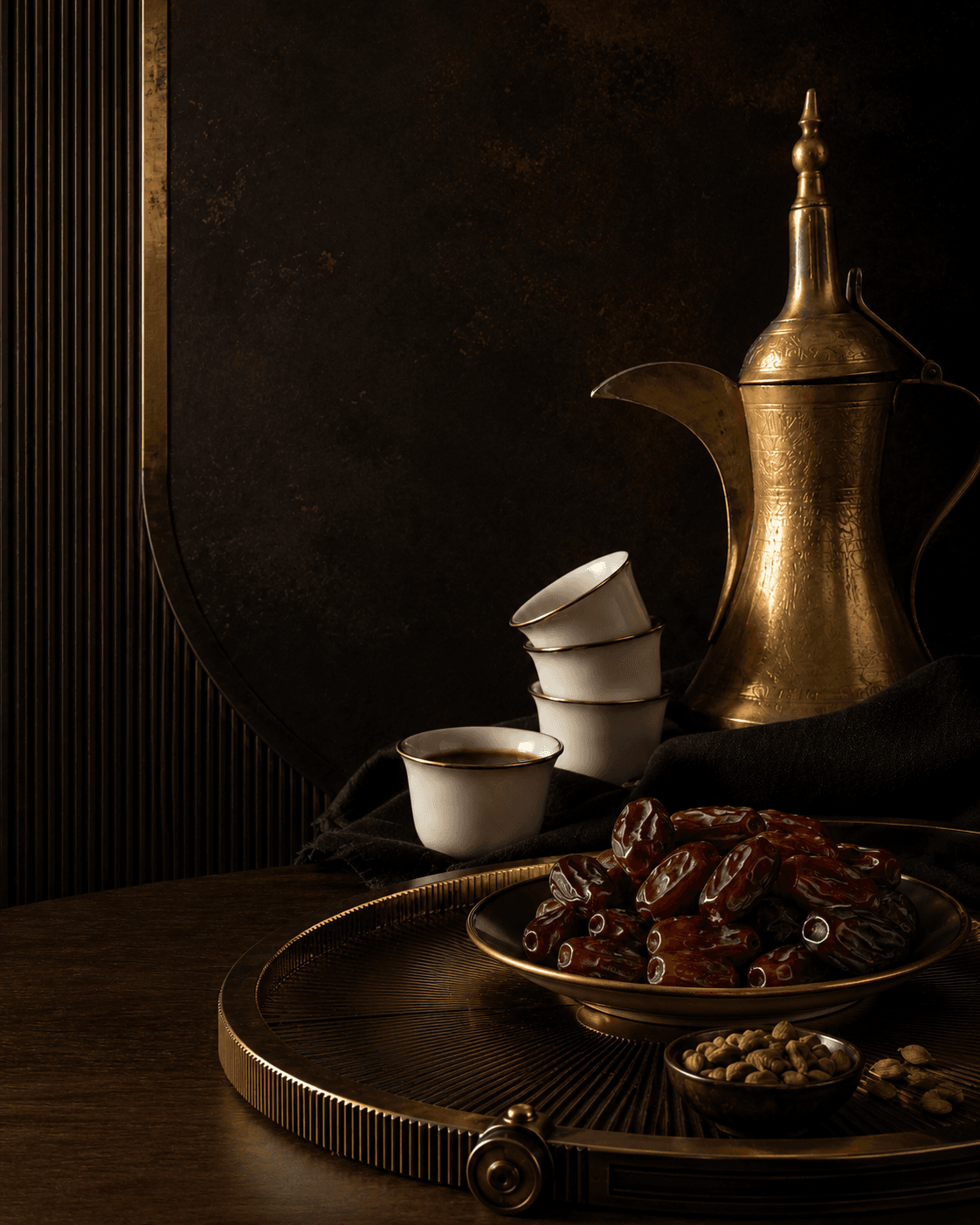 Premium drinks and café setting with signature glassware and warm atmospheric light